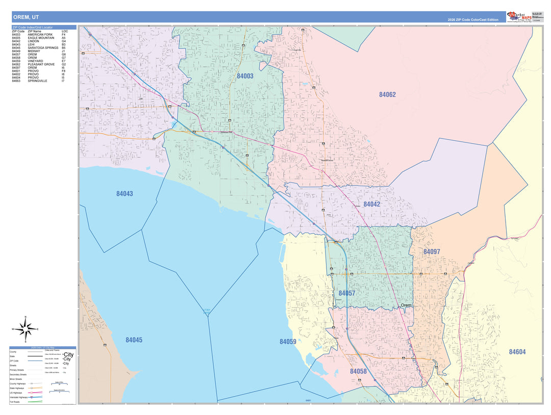Color Cast Zip Code Style Wall Map of Orem, UT