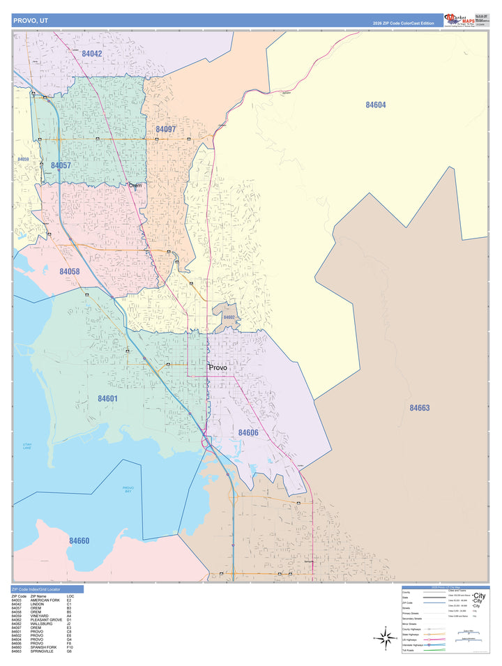 Color Cast Zip Code Style Wall Map of Provo, UT
