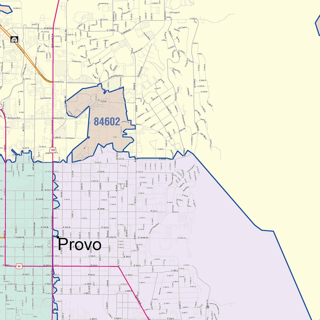 Color Cast Zip Code Style Wall Map of Provo, UT