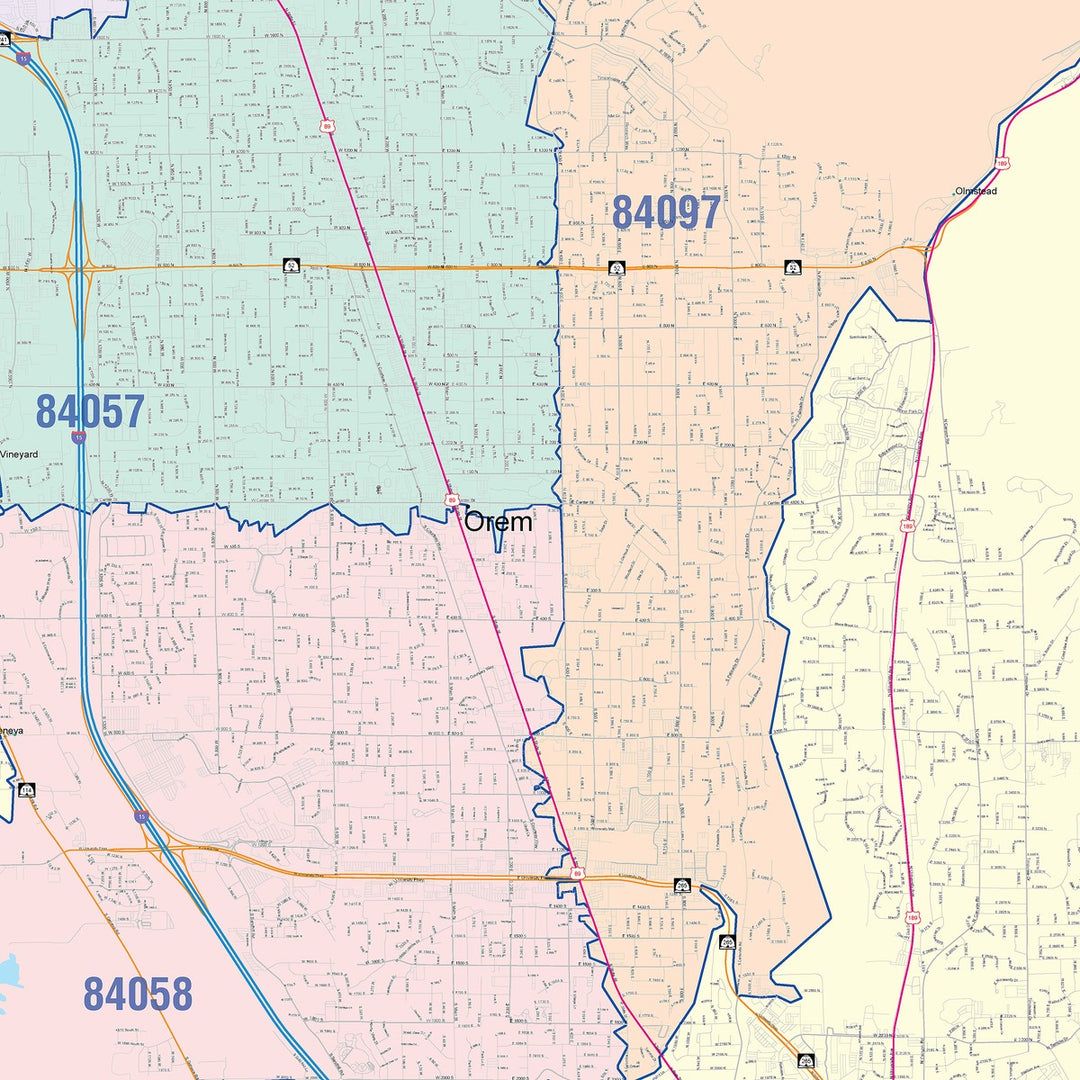 Color Cast Zip Code Style Wall Map of Provo, UT