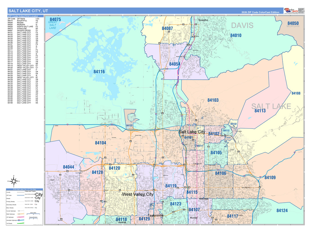 Color Cast Zip Code Style Wall Map of Salt Lake City, UT