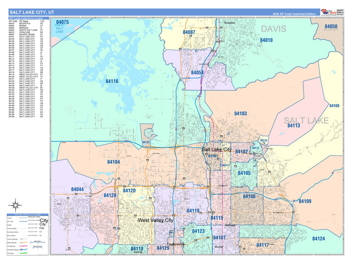 Color Cast Zip Code Style Wall Map of Salt Lake City, UT