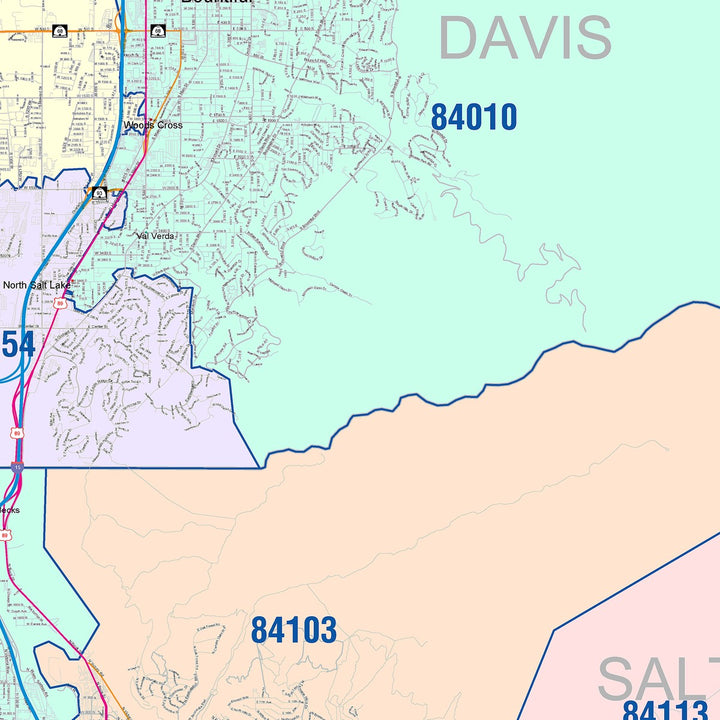 Color Cast Zip Code Style Wall Map of Salt Lake City, UT