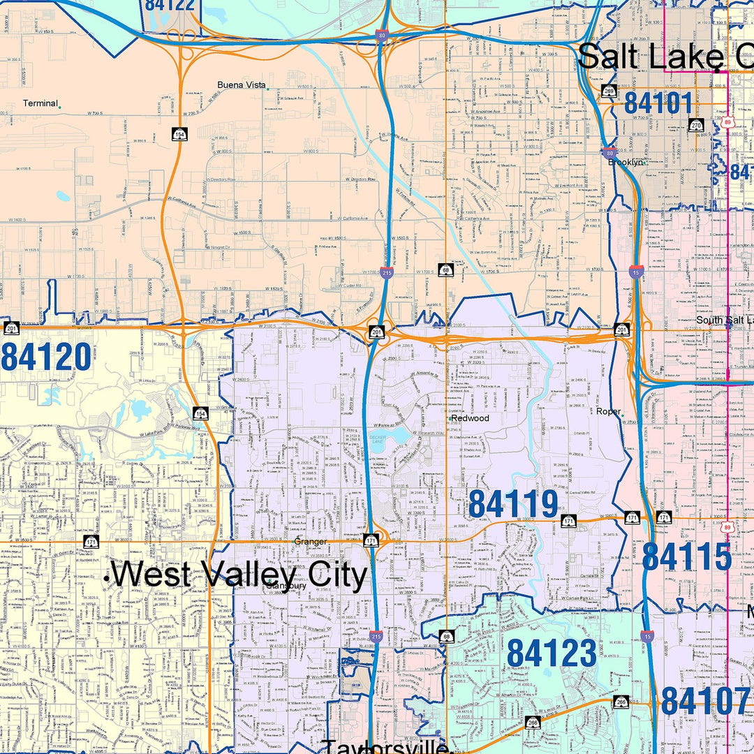 Color Cast Zip Code Style Wall Map of Salt Lake City, UT