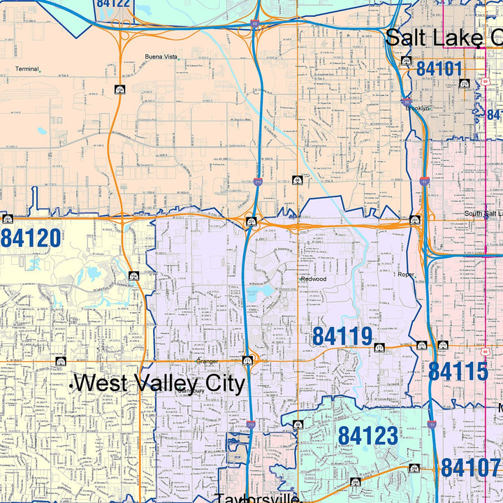 Color Cast Zip Code Style Wall Map of Salt Lake City, UT