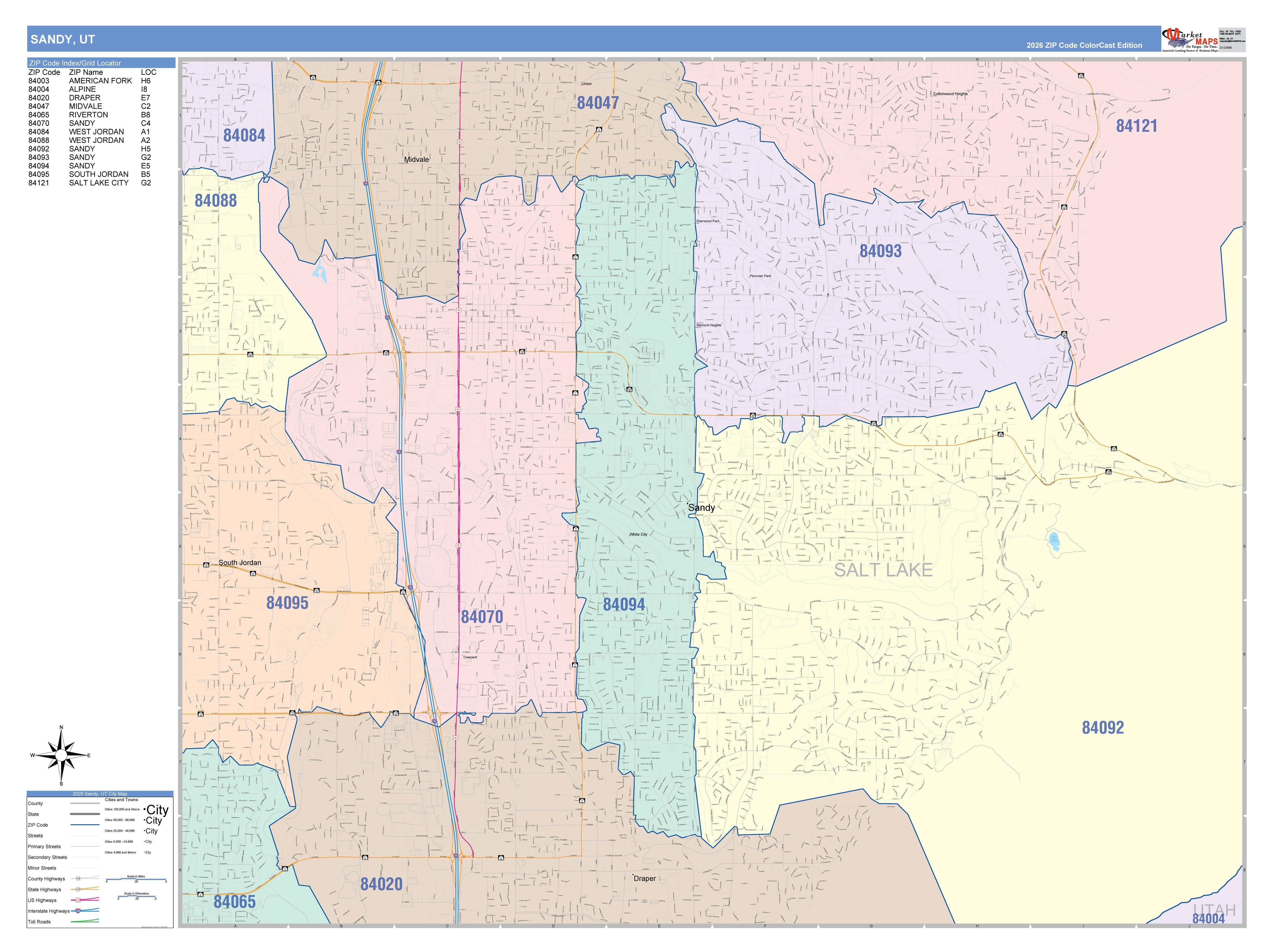 Color Cast Zip Code Style Wall Map of Sandy, UT – American Map Store