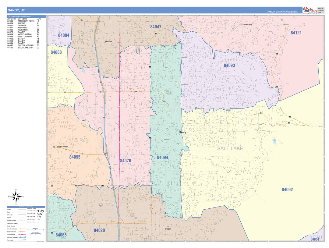 Color Cast Zip Code Style Wall Map of Sandy, UT