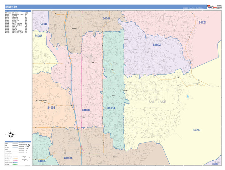 Color Cast Zip Code Style Wall Map of Sandy, UT