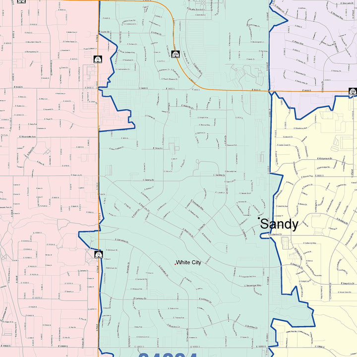 Color Cast Zip Code Style Wall Map of Sandy, UT