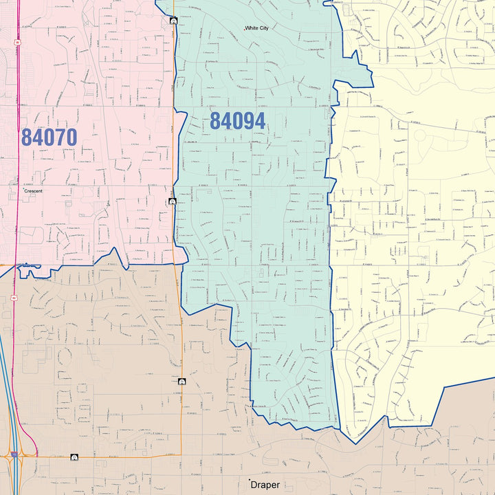 Color Cast Zip Code Style Wall Map of Sandy, UT
