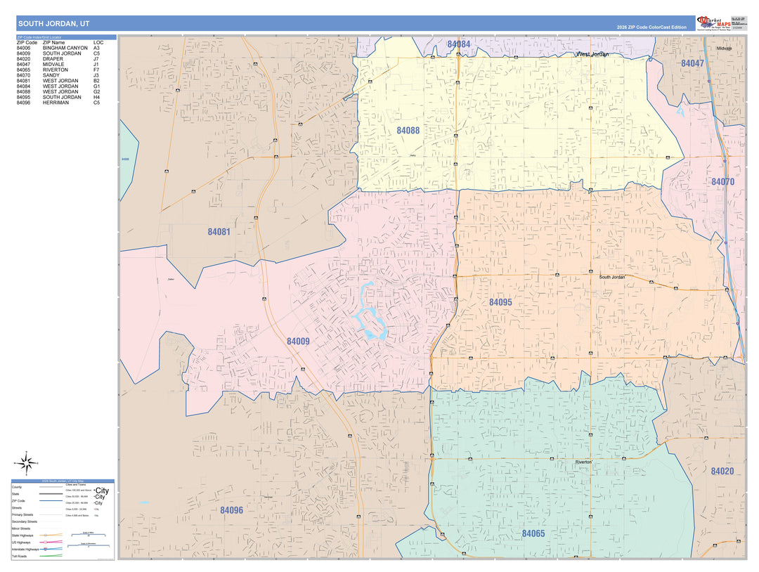 Color Cast Zip Code Style Wall Map of South Jordan, UT