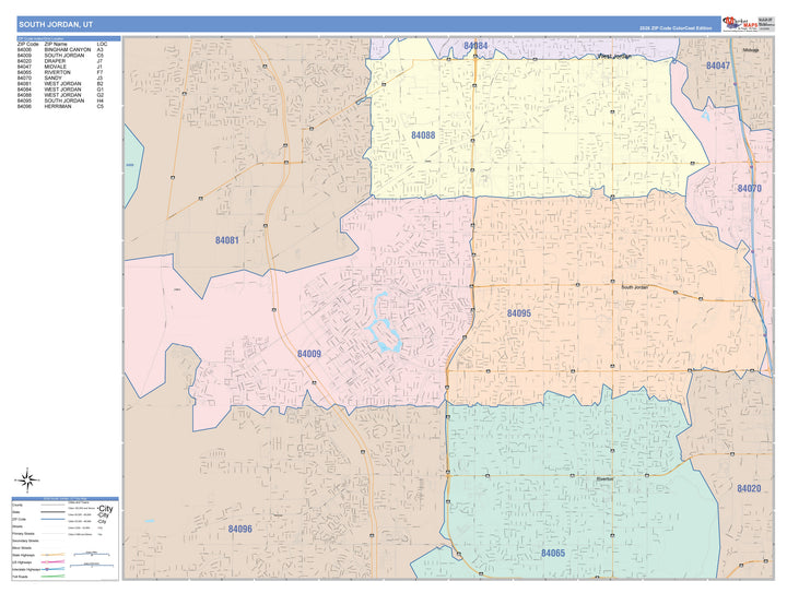 Color Cast Zip Code Style Wall Map of South Jordan, UT