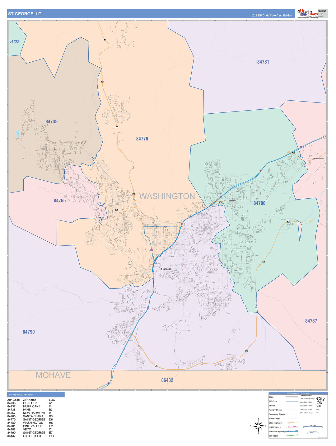 Color Cast Zip Code Style Wall Map of St. George, UT