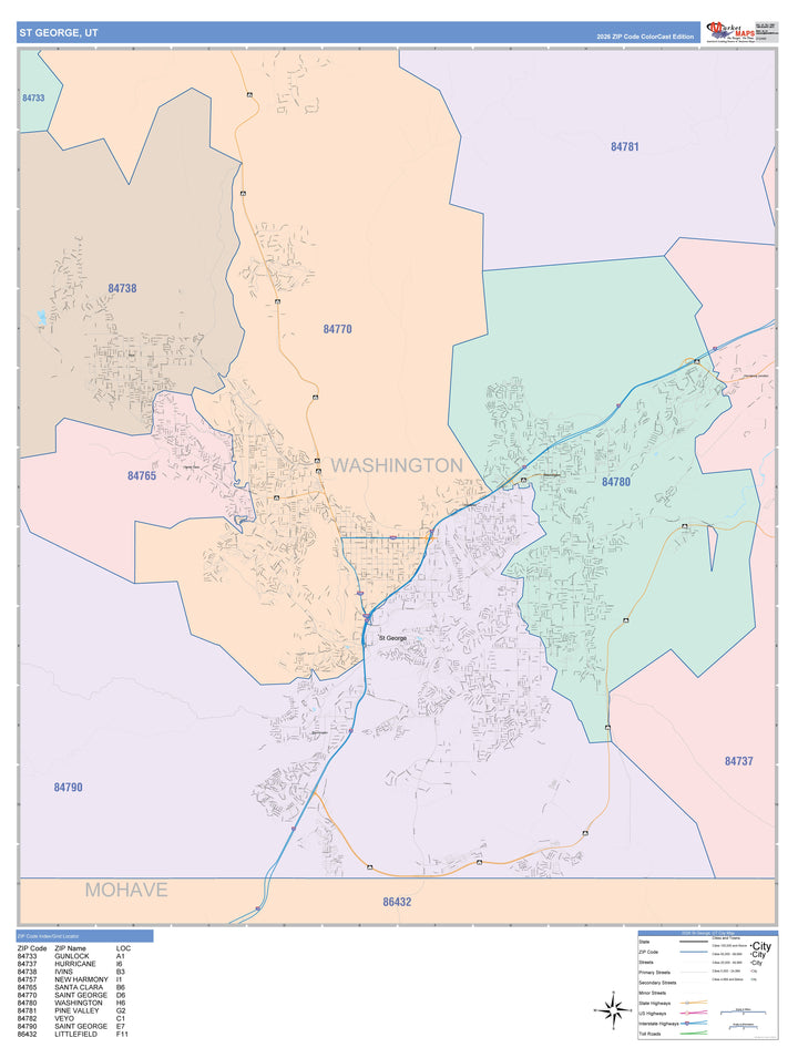 Color Cast Zip Code Style Wall Map of St. George, UT