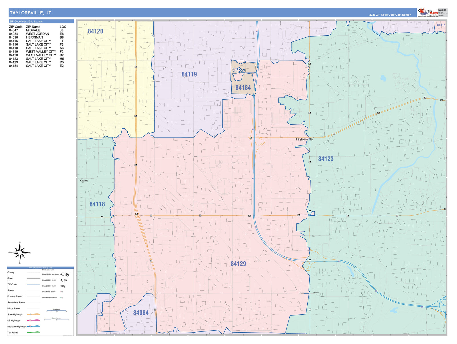 Color Cast Zip Code Style Wall Map of Taylorsville, UT