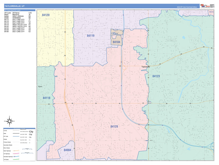 Color Cast Zip Code Style Wall Map of Taylorsville, UT