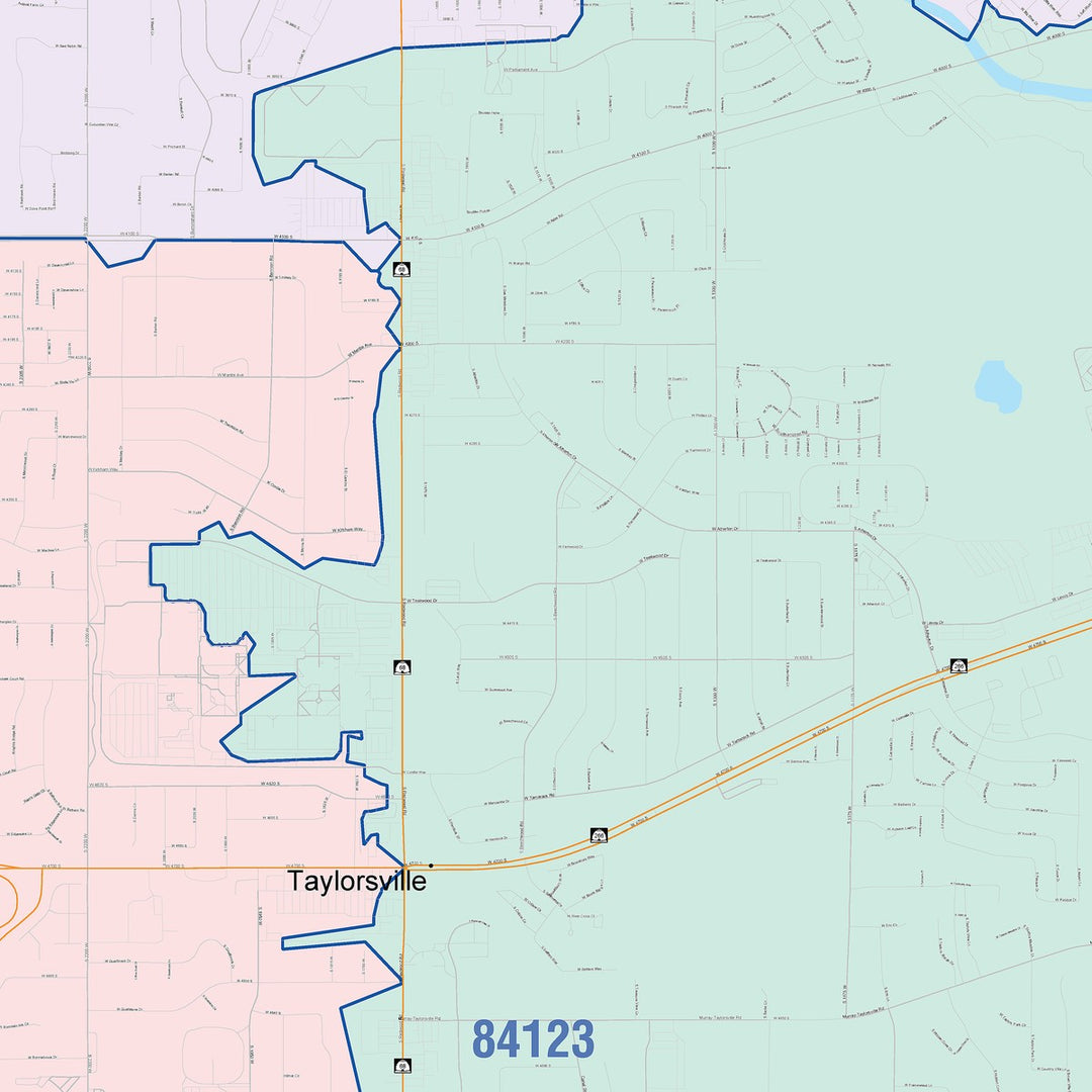 Color Cast Zip Code Style Wall Map of Taylorsville, UT