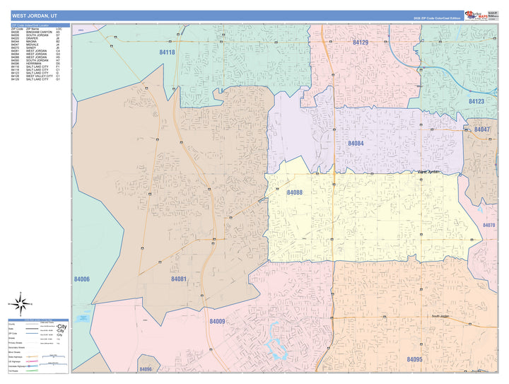 Color Cast Zip Code Style Wall Map of West Jordan, UT