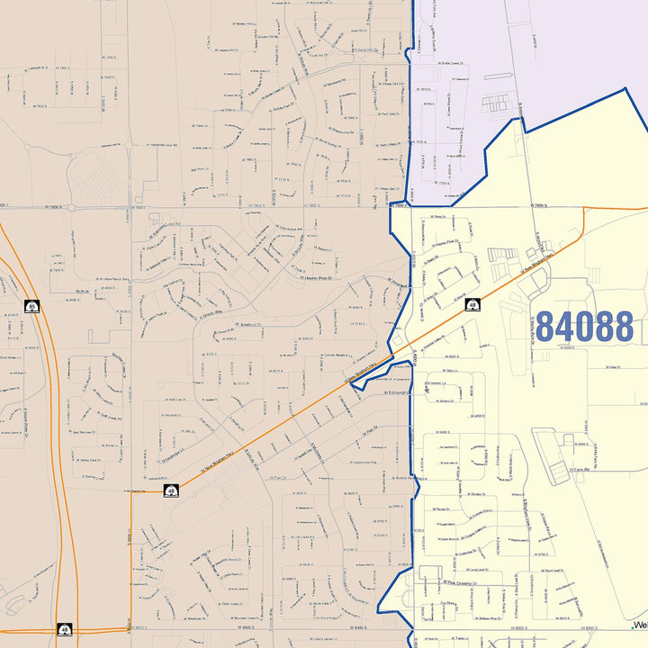 Color Cast Zip Code Style Wall Map of West Jordan, UT