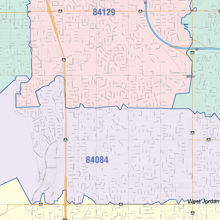 Color Cast Zip Code Style Wall Map of West Jordan, UT