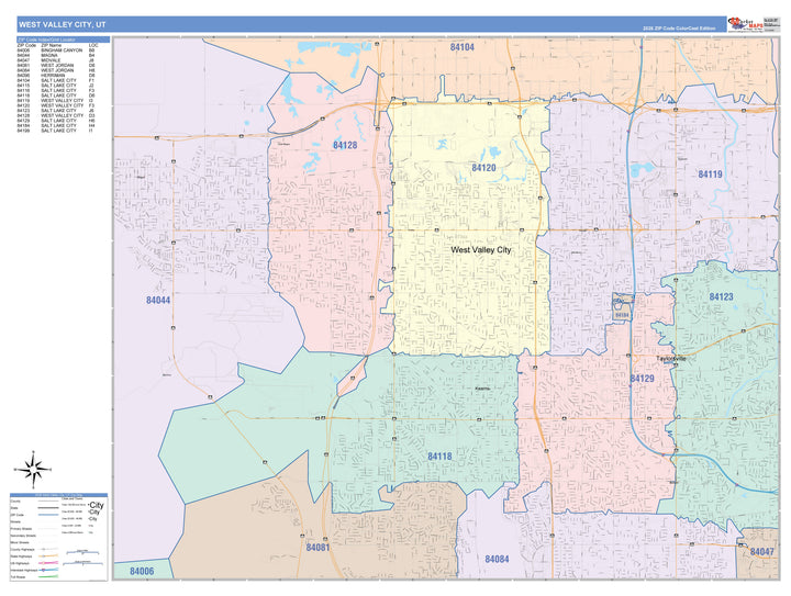 Color Cast Zip Code Style Wall Map of West Valley City, UT