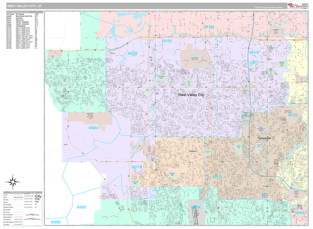 Premium Style Wall Map of West Valley City, UT
