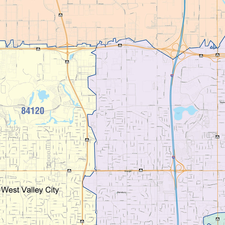 Color Cast Zip Code Style Wall Map of West Valley City, UT