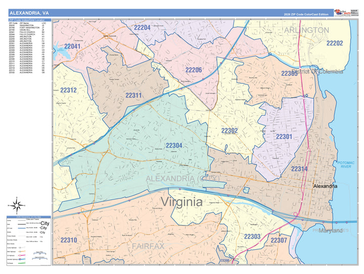 Color Cast Zip Code Style Wall Map of Alexandria, VA