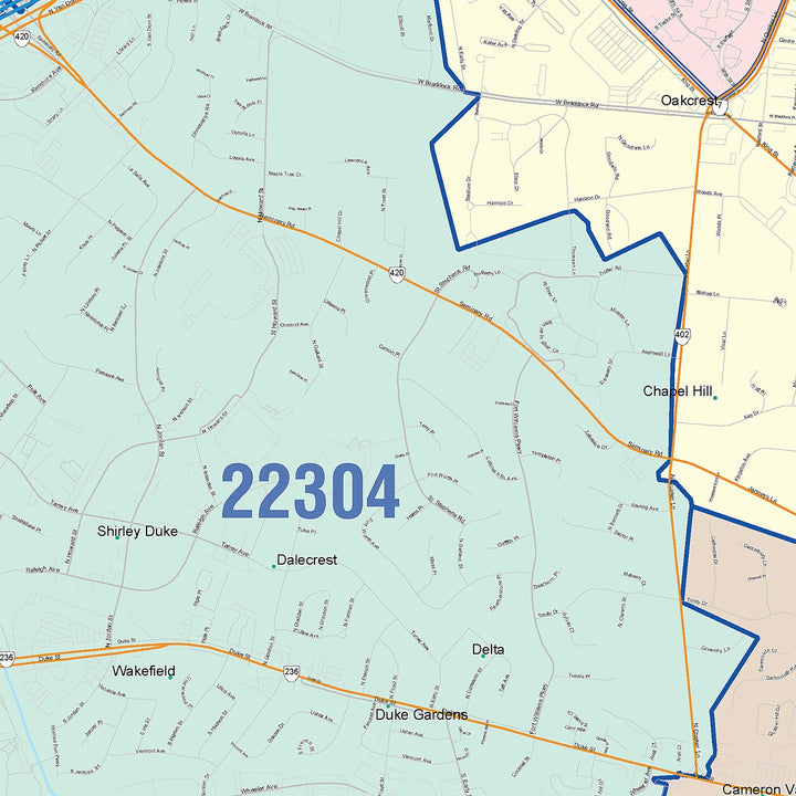 Color Cast Zip Code Style Wall Map of Alexandria, VA