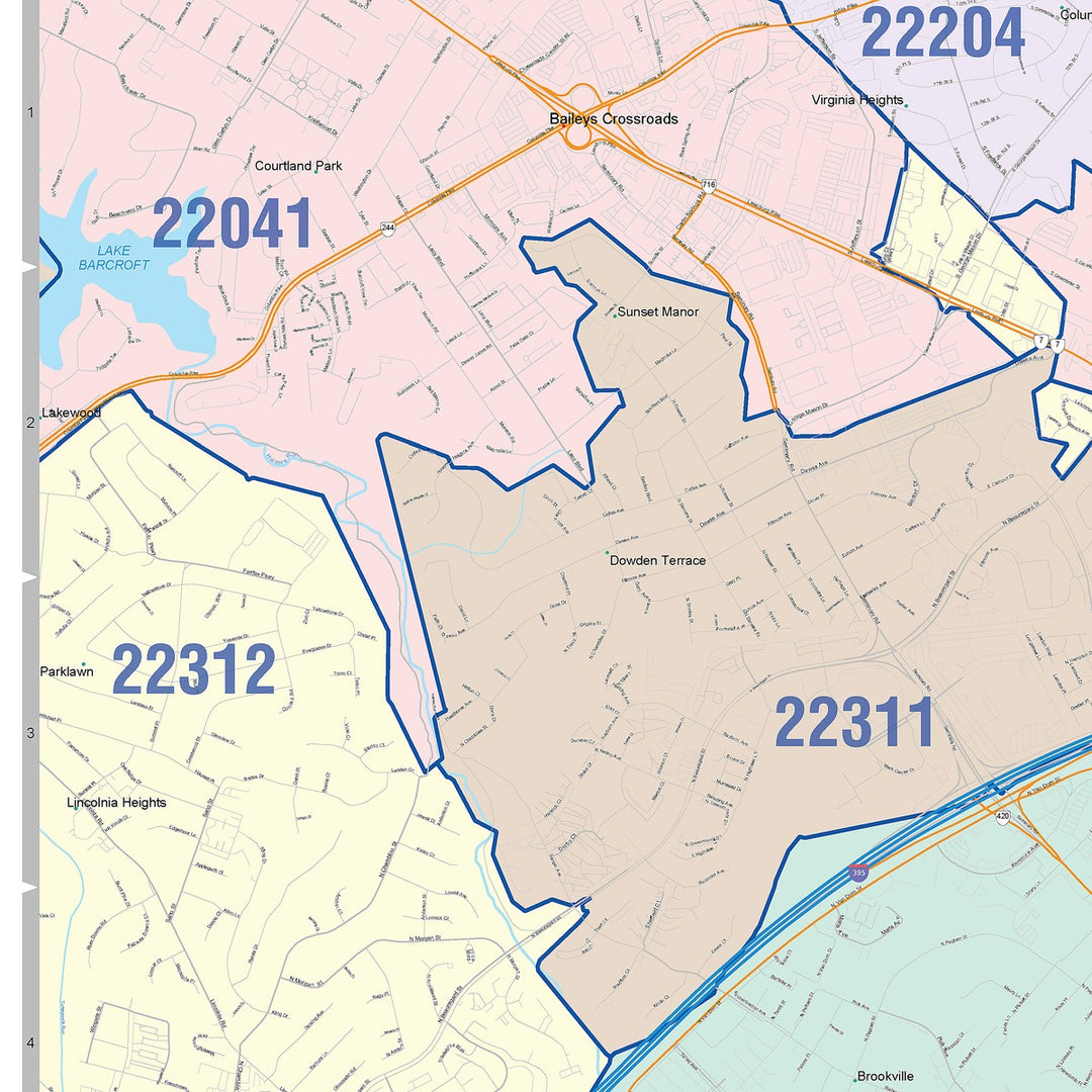 Color Cast Zip Code Style Wall Map of Alexandria, VA
