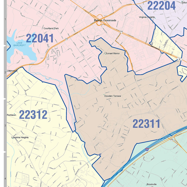 Color Cast Zip Code Style Wall Map of Alexandria, VA