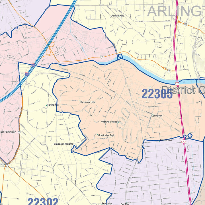 Color Cast Zip Code Style Wall Map of Alexandria, VA