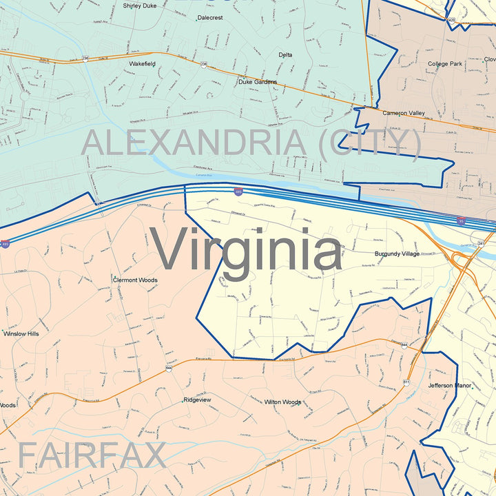 Color Cast Zip Code Style Wall Map of Alexandria, VA