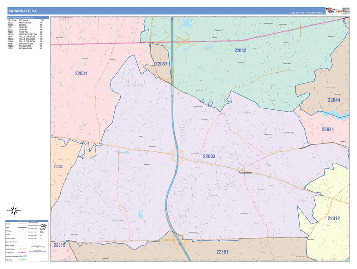 Color Cast Zip Code Style Wall Map of Annandale, VA