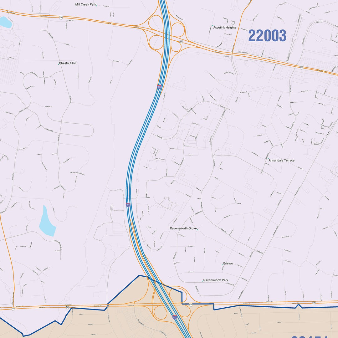 Color Cast Zip Code Style Wall Map of Annandale, VA