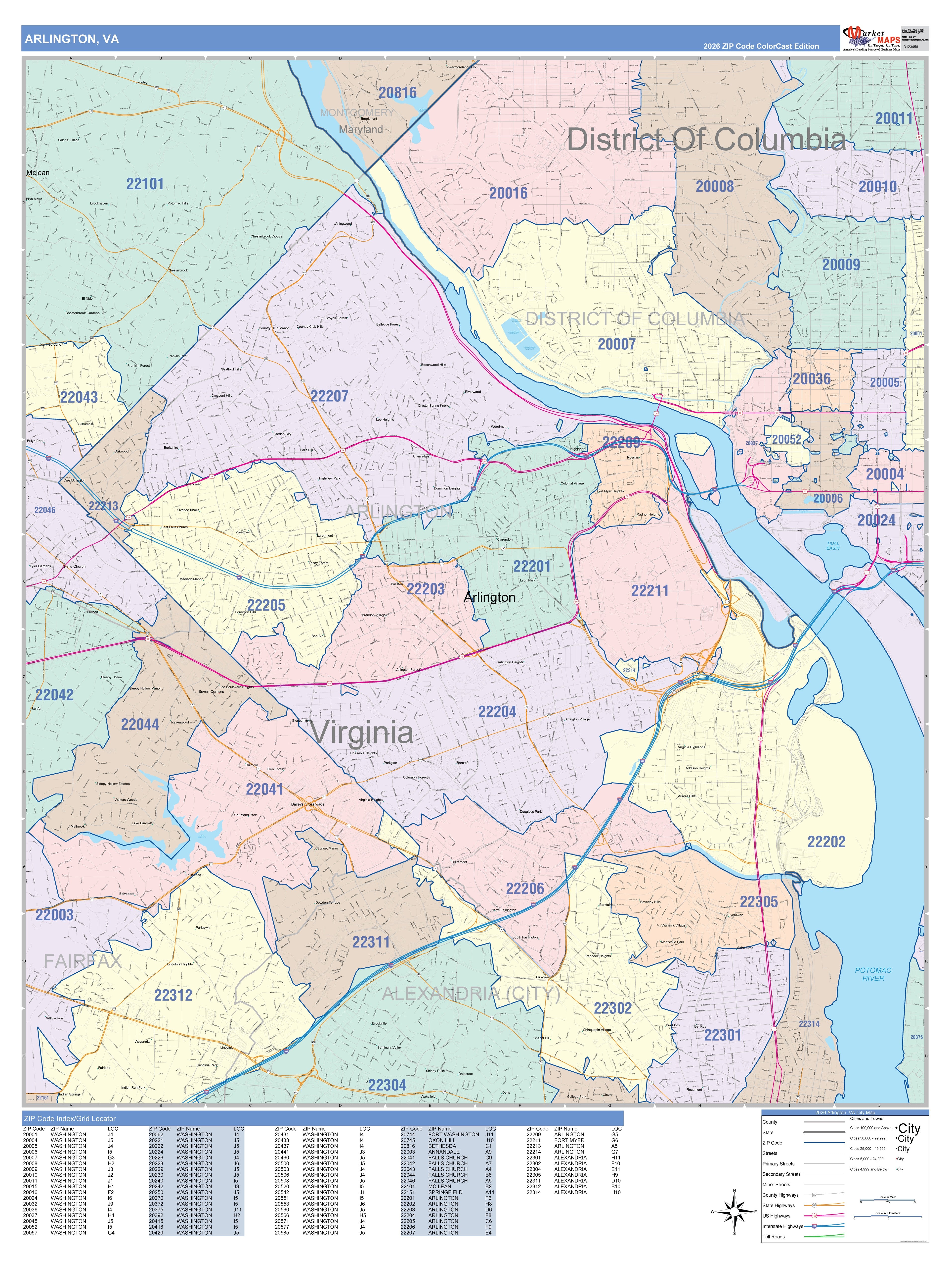 20190 Zip Code Dc Color Cast Zip Code Style Wall Map of Arlington, VA – American Map Store