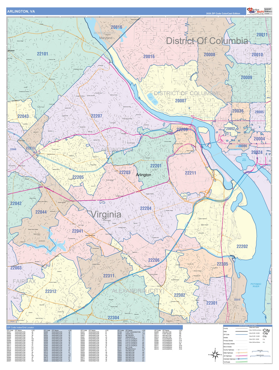 Color Cast Zip Code Style Wall Map of Arlington, VA
