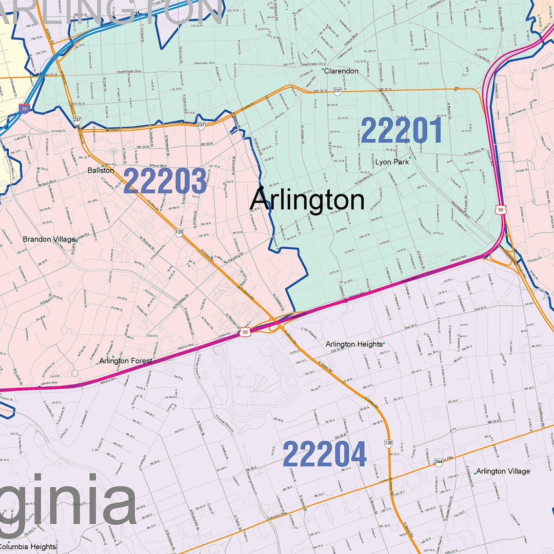 Color Cast Zip Code Style Wall Map of Arlington, VA