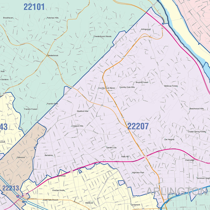 Color Cast Zip Code Style Wall Map of Arlington, VA