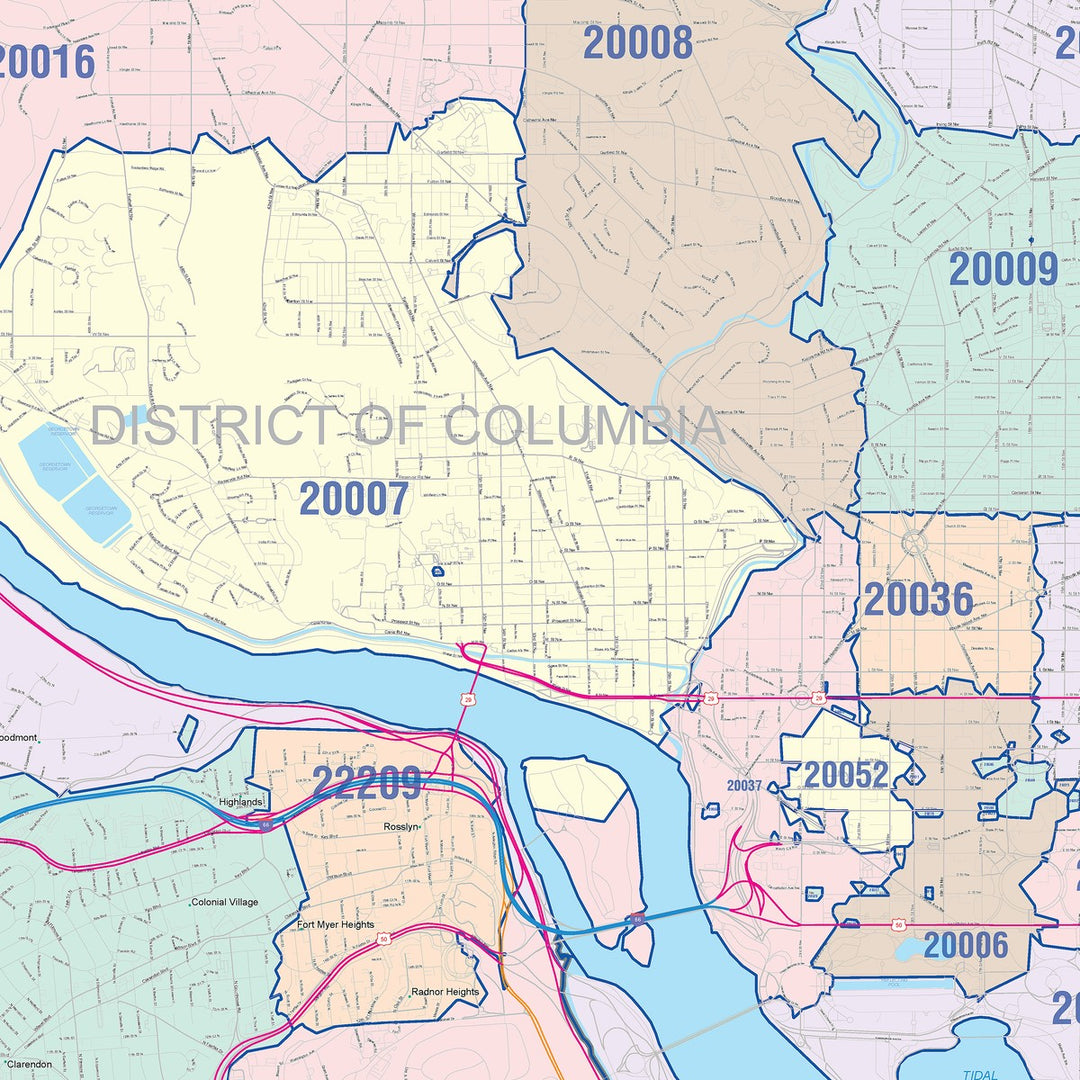 Color Cast Zip Code Style Wall Map of Arlington, VA