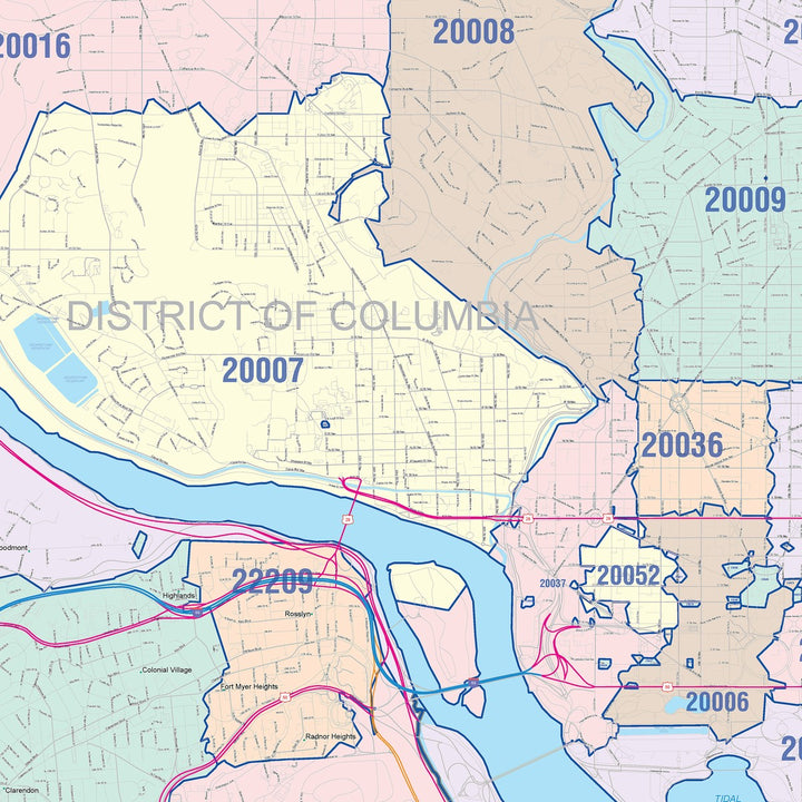 Color Cast Zip Code Style Wall Map of Arlington, VA