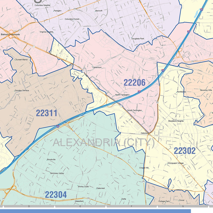 Color Cast Zip Code Style Wall Map of Arlington, VA