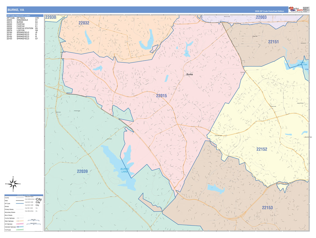 Color Cast Zip Code Style Wall Map of Burke, VA