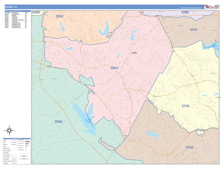 Color Cast Zip Code Style Wall Map of Burke, VA