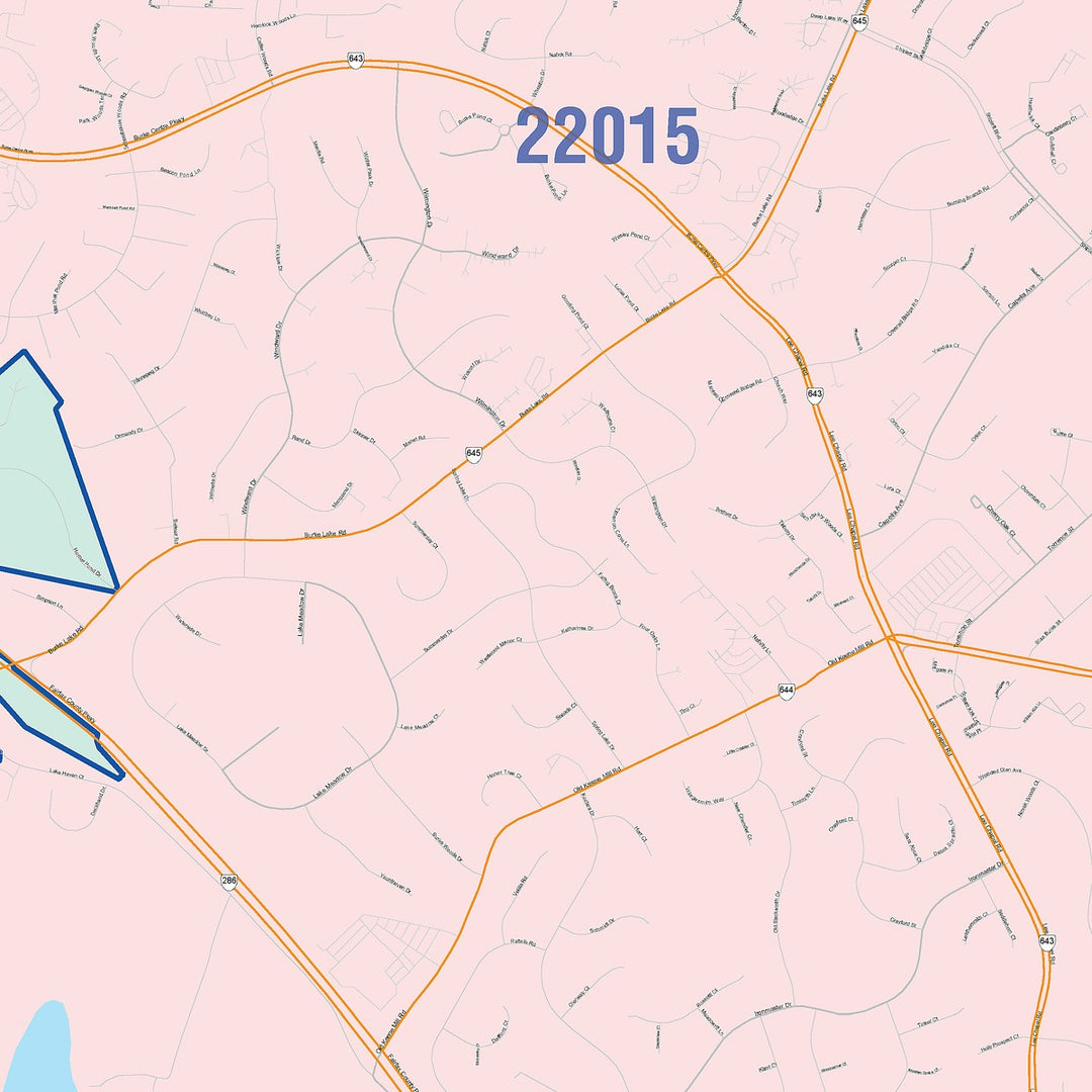 Color Cast Zip Code Style Wall Map of Burke, VA