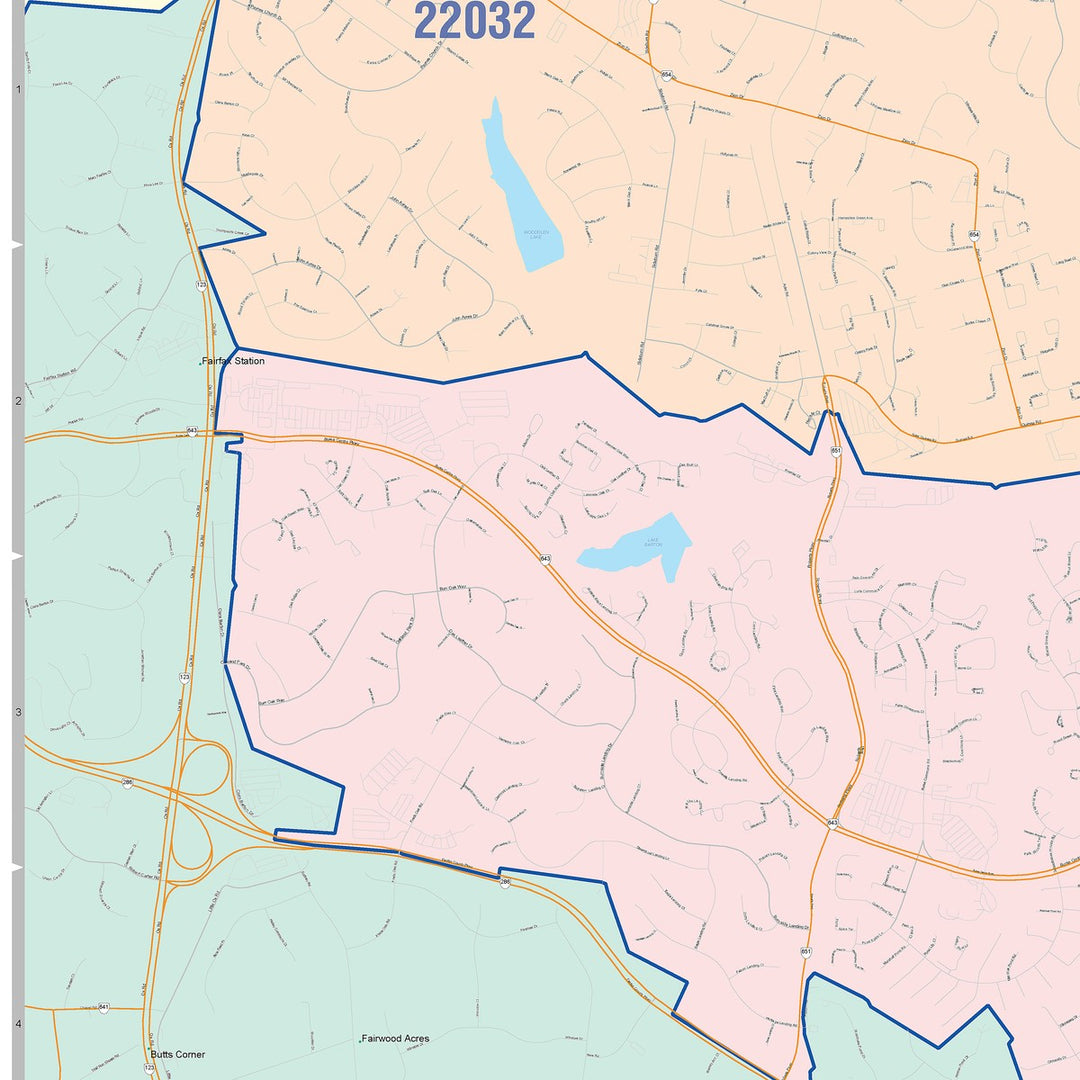 Color Cast Zip Code Style Wall Map of Burke, VA