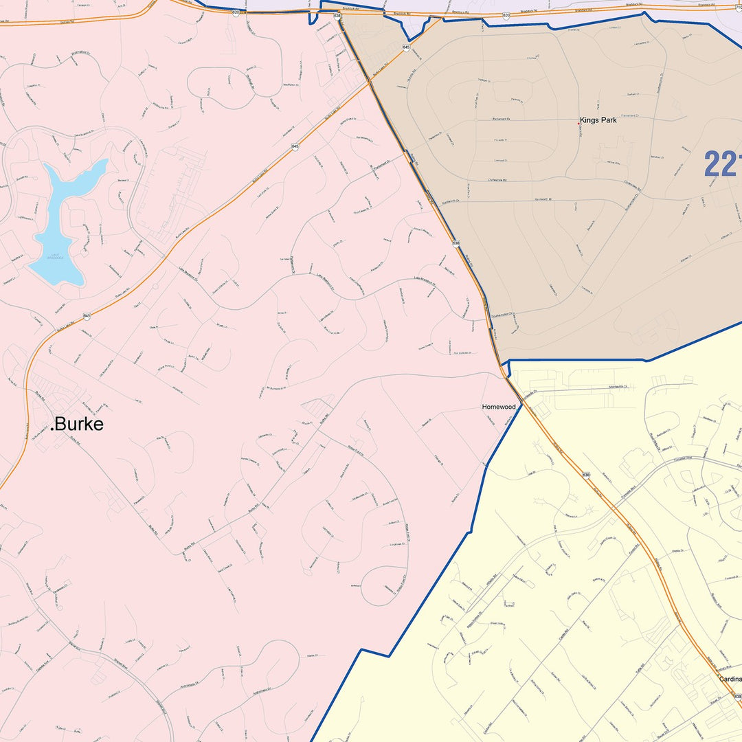 Color Cast Zip Code Style Wall Map of Burke, VA