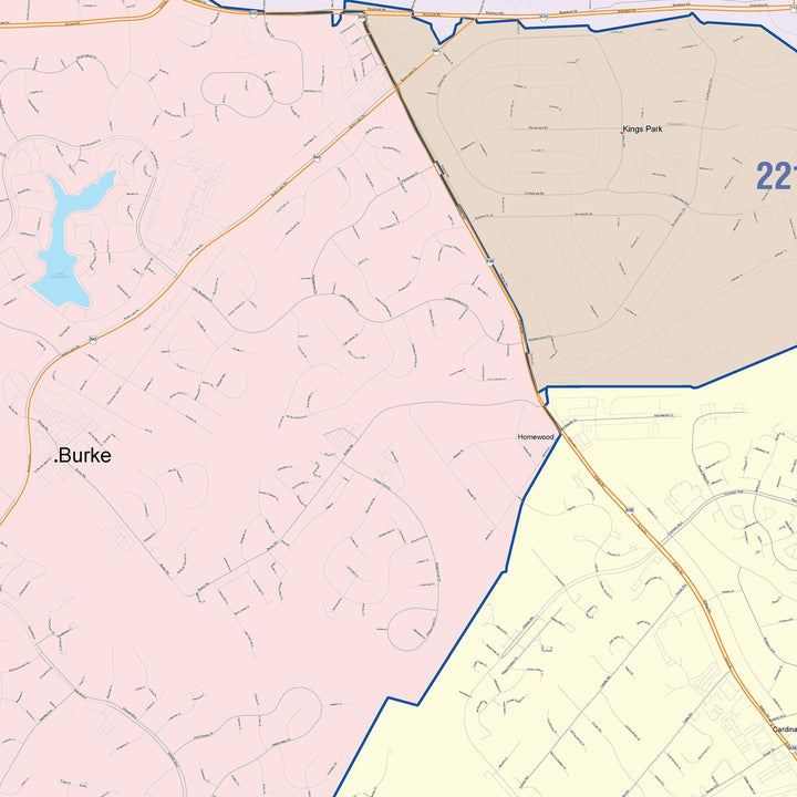 Color Cast Zip Code Style Wall Map of Burke, VA