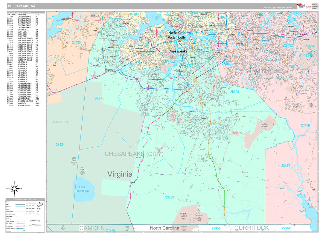 Premium Style Wall Map of Chesapeake VA