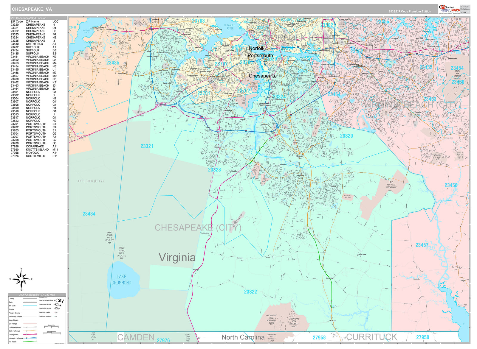 Premium Style Wall Map of Chesapeake VA